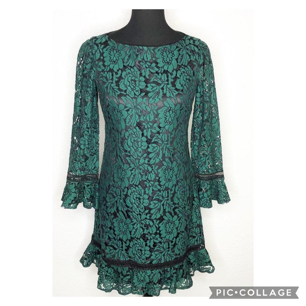 Eliza J‎ green black lace overlay ruffle trim sheath dress size 4